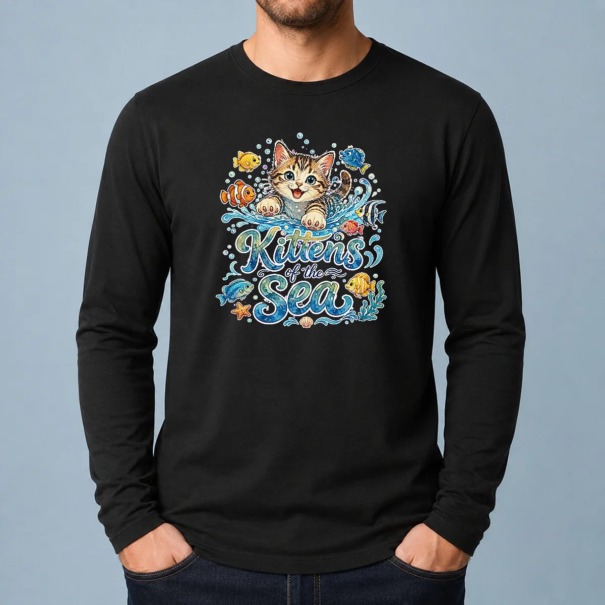Premium Cute Kittens Of The Sea Watercolor Line Art Long Sleeve Shirt