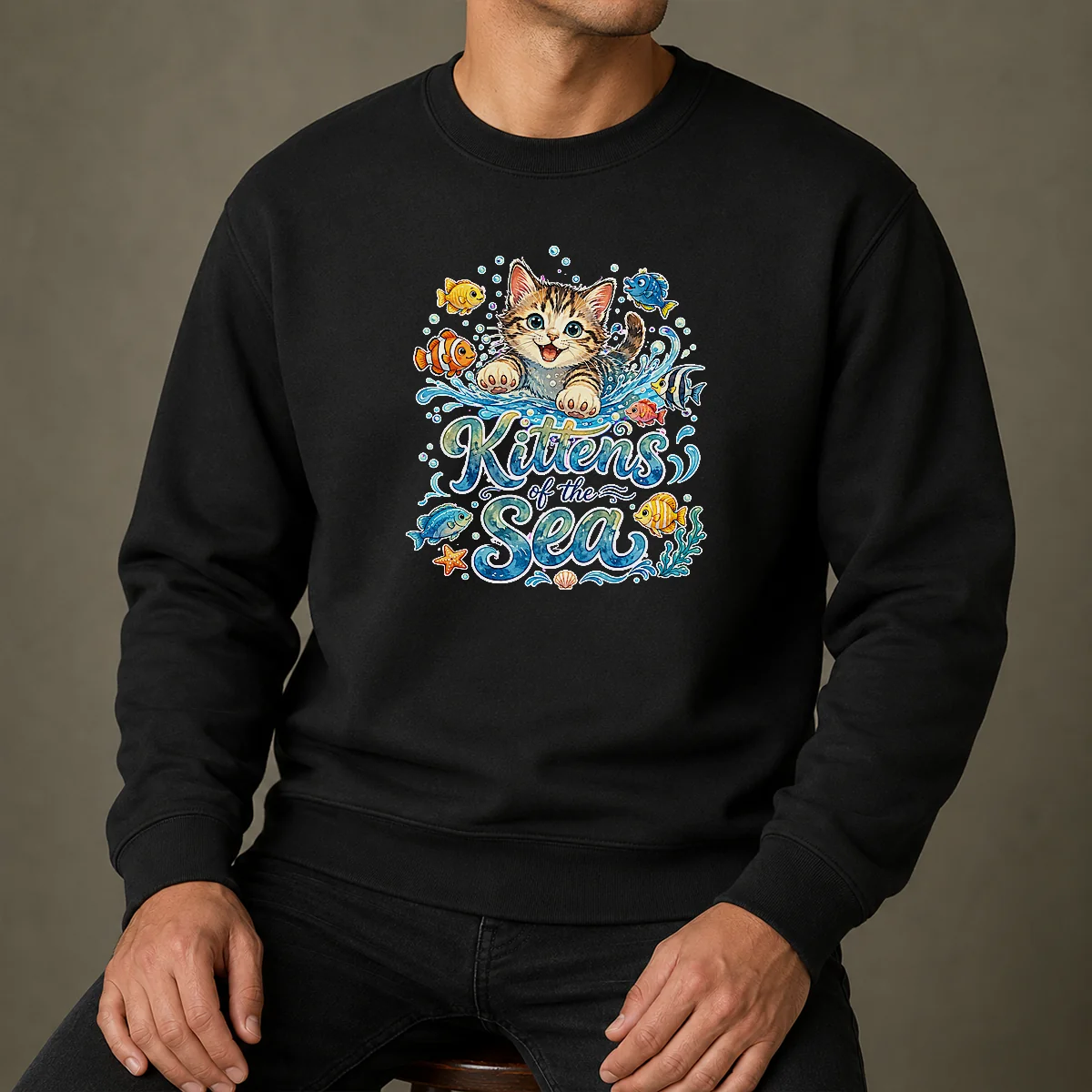 Premium Cute Kittens Of The Sea Watercolor Line Art Sweater