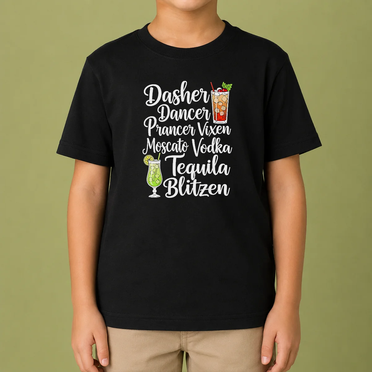 Premium Drinks Cocktail Glass Dasher Dancer Prancer Vixen Moscato Vodka Tequila Blitzen Kids T Shirt featuring colorful holiday-themed cocktail names