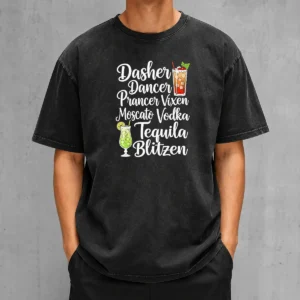 Premium Drinks Cocktail Glass Dasher Dancer Prancer Vixen Moscato Vodka Tequila Blitzen Washed T-Shirt