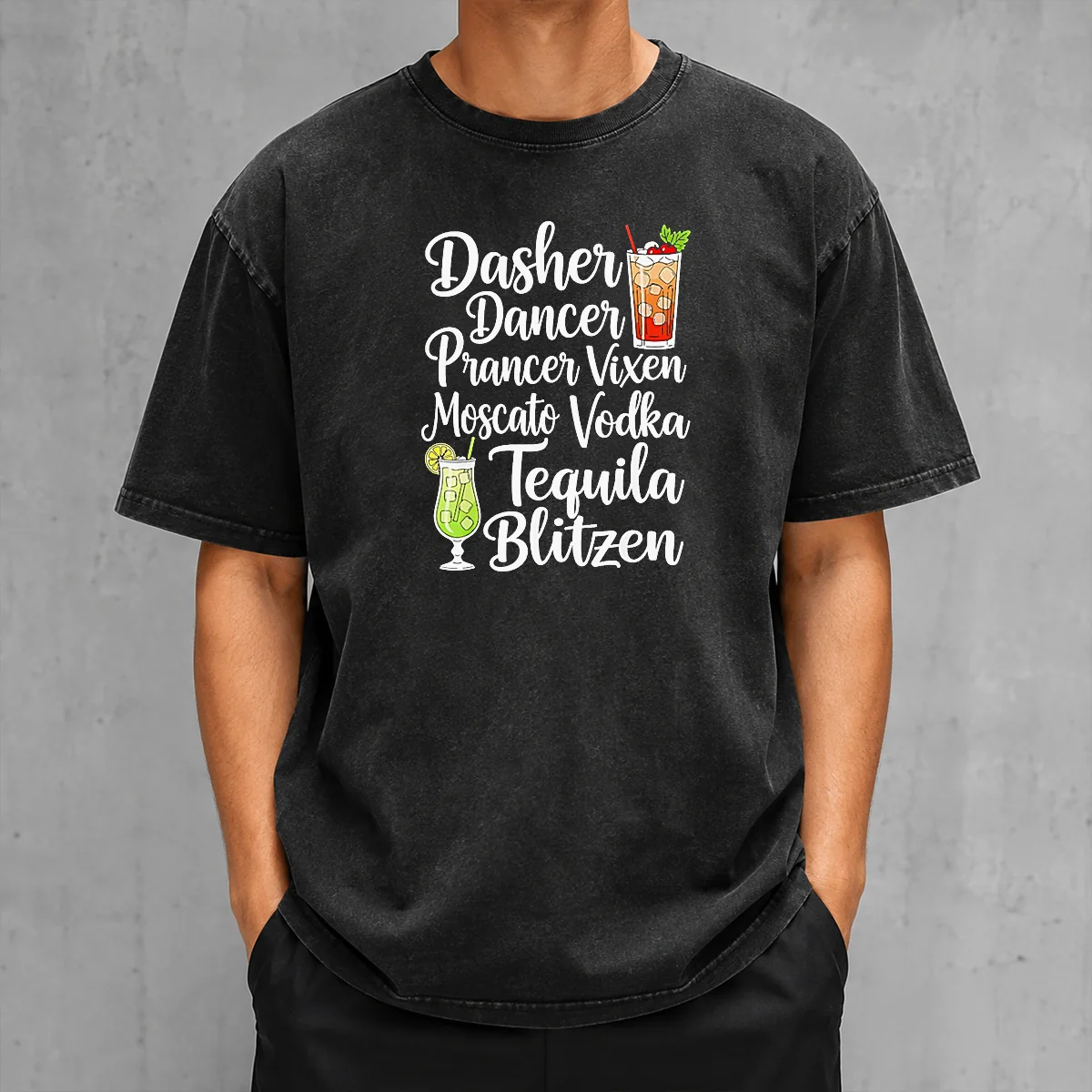 Premium Drinks Cocktail Glass Dasher Dancer Prancer Vixen Moscato Vodka Tequila Blitzen Washed T-Shirt
