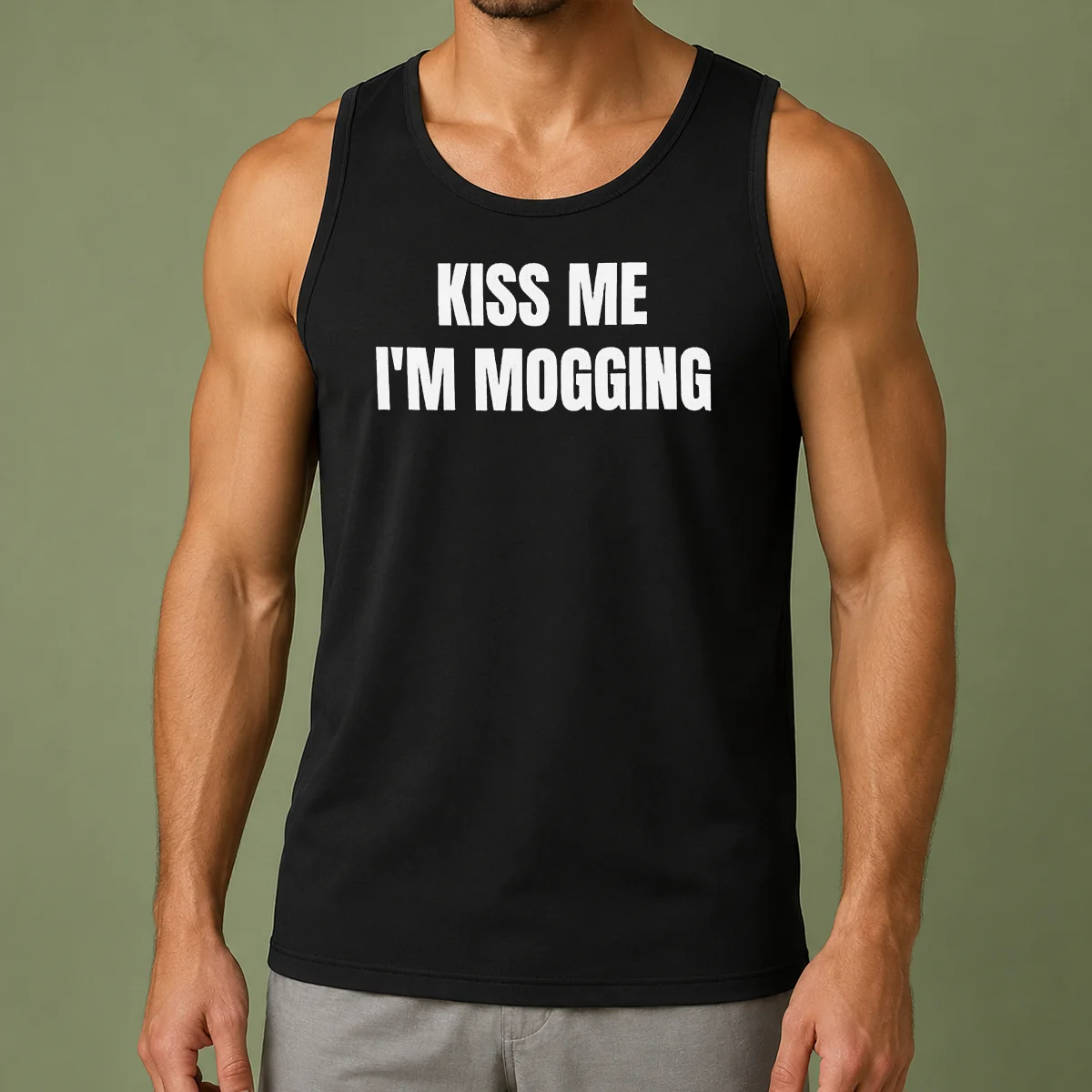 Premium Kiss Me I'M Mogging Looksmaxxing Meme tank top in black, sleeveless casual wear with bold white text