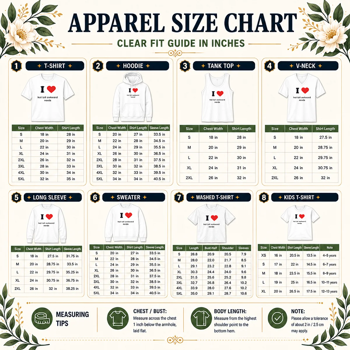 Premium Official I Love Hot Tall Awkward Nerds Nerd Aesthetic Size Chart Size chart for Premium Official I Love Hot Tall Awkward Nerds Nerd Aesthetic with measurements in inches and cm