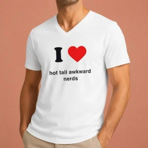 Premium Official I Love Hot Tall Awkward Nerds Nerd Aesthetic V Neck Shirt in black with white text graphic