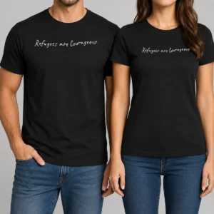 Premium Pretty Refugees Are Courageous t shirt in classic fit with bold text graphic on front