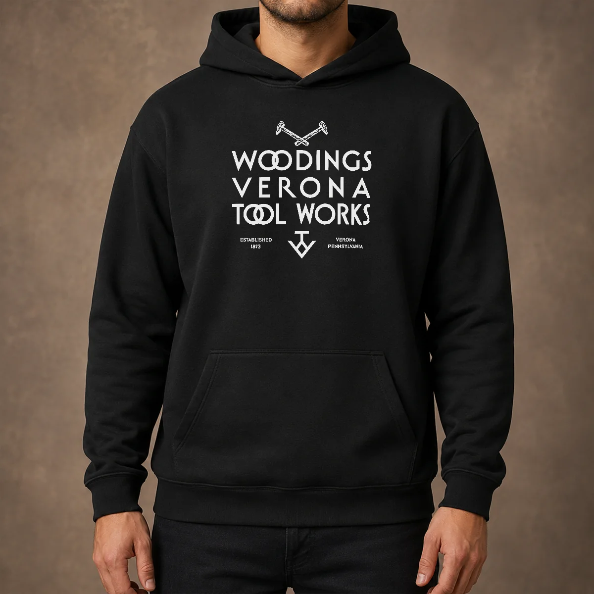 Premium Woodings Verona Tool Works Established 1873 Pennsylvania hoodie in charcoal gray with front pocket and drawstring hood