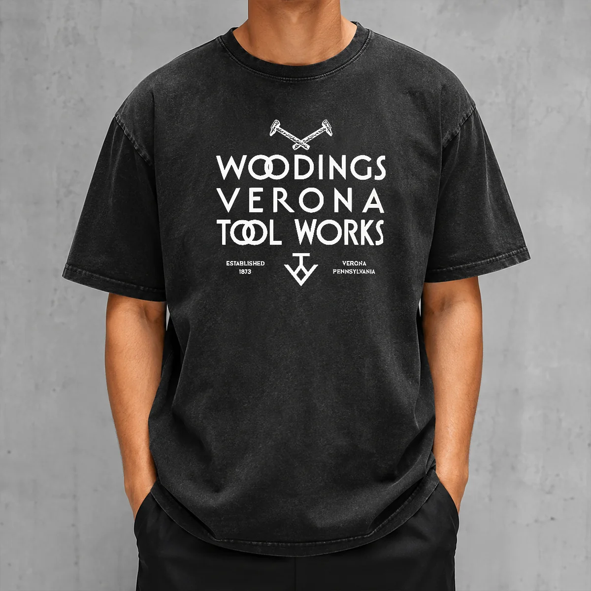 Premium Woodings Verona Tool Works Established 1873 Pennsylvania printed on a soft washed t shirt in light grey