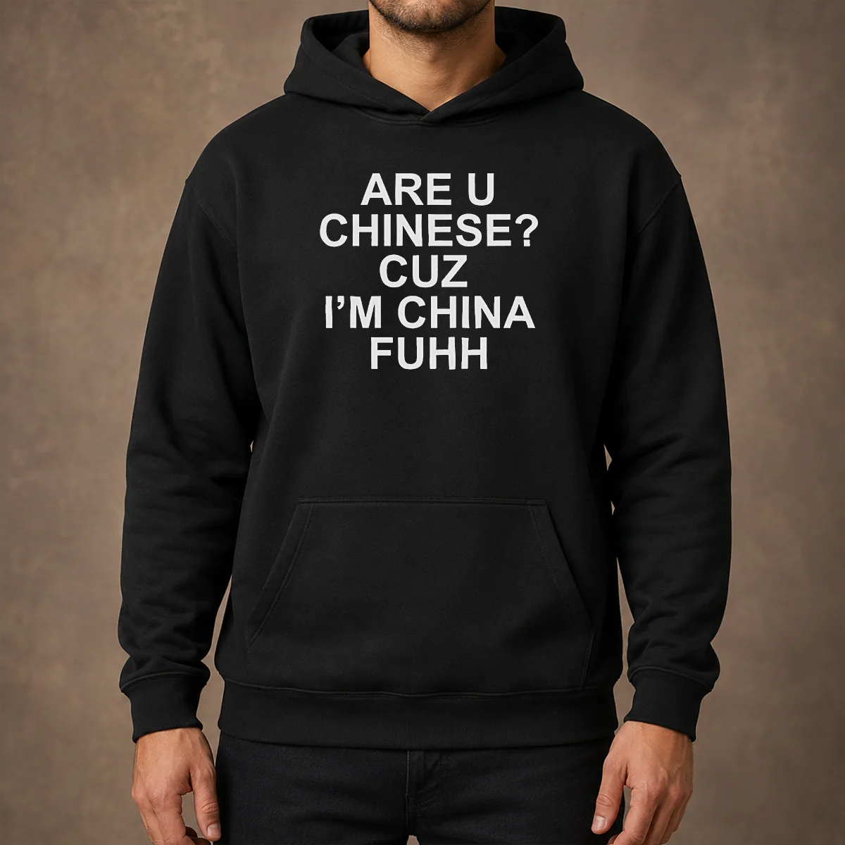 Pretty Are U Chinese Cuz I'M China Fuhh Hoodie in black, featuring bold white text on front