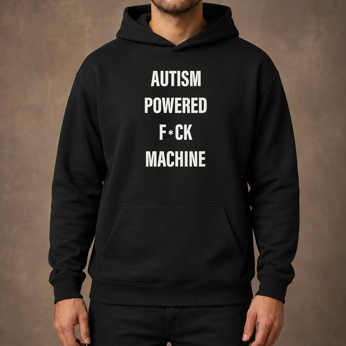Pretty Autism Powered Fuck Machine Humor Hoodie in dark color, featuring bold text print on front