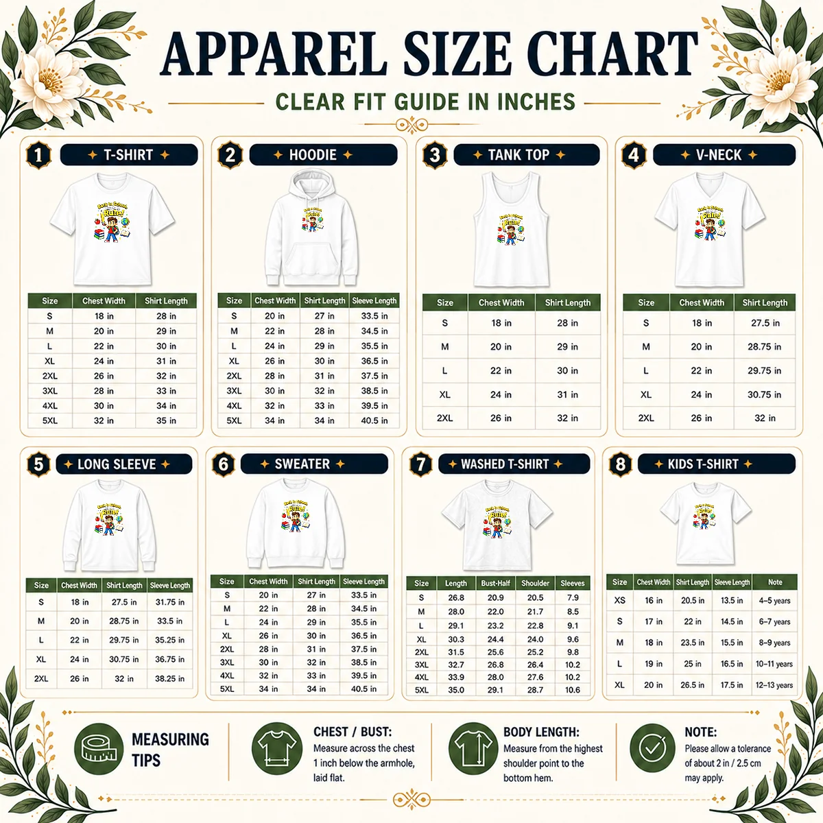Pretty Back To School Pixel Pride Kids Size Chart Size chart for Pretty Back To School Pixel Pride Kids showing measurements in inches and cm