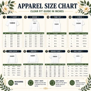 Size chart for Pretty Billie Eilish London Tour Concert Music with measurements in inches and cm