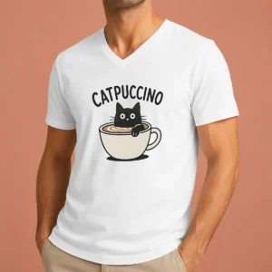 Pretty Catpuccino Black Cat In A Coffee Cup Cappuccino V-Neck Shirt