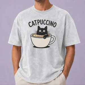 Pretty Catpuccino Black Cat In A Coffee Cup Cappuccino Washed T Shirt front view with soft fabric texture