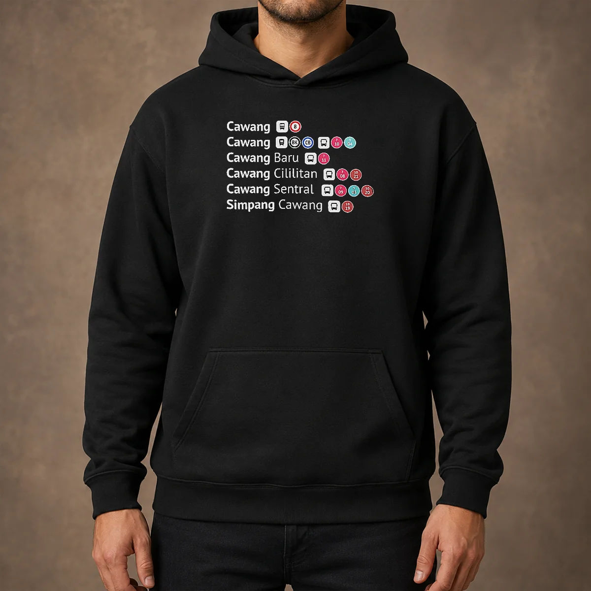 Pretty Cawang Cawang Baru Cililitan Sentral Simpang Cawang Transport Transit Map Hoodie in black, front view with detailed transit map print