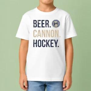 Pretty Columbus Blue Jackets Beer Cannon Hockey Kids T Shirt featuring a fun hockey graphic on a comfortable kids short sleeve tee