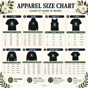 Size chart for Pretty Don'T Talk To Me Or My Dog with measurements in inches and cm