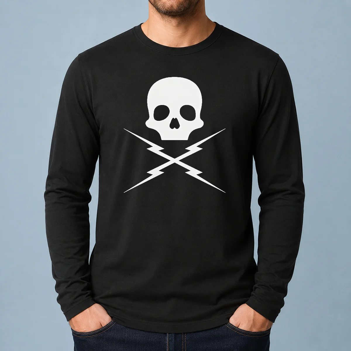Pretty Funny Skull Crossed Lightning Bolts Long Sleeve Shirt featuring bold graphic on front in black fabric