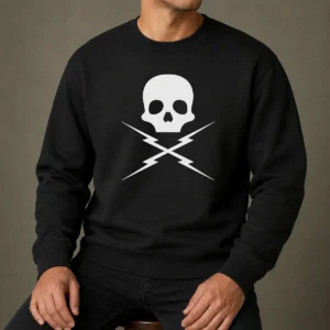 Pretty Funny Skull Crossed Lightning Bolts Sweater featuring a bold skull and lightning bolts graphic on a comfortable crewneck fabric