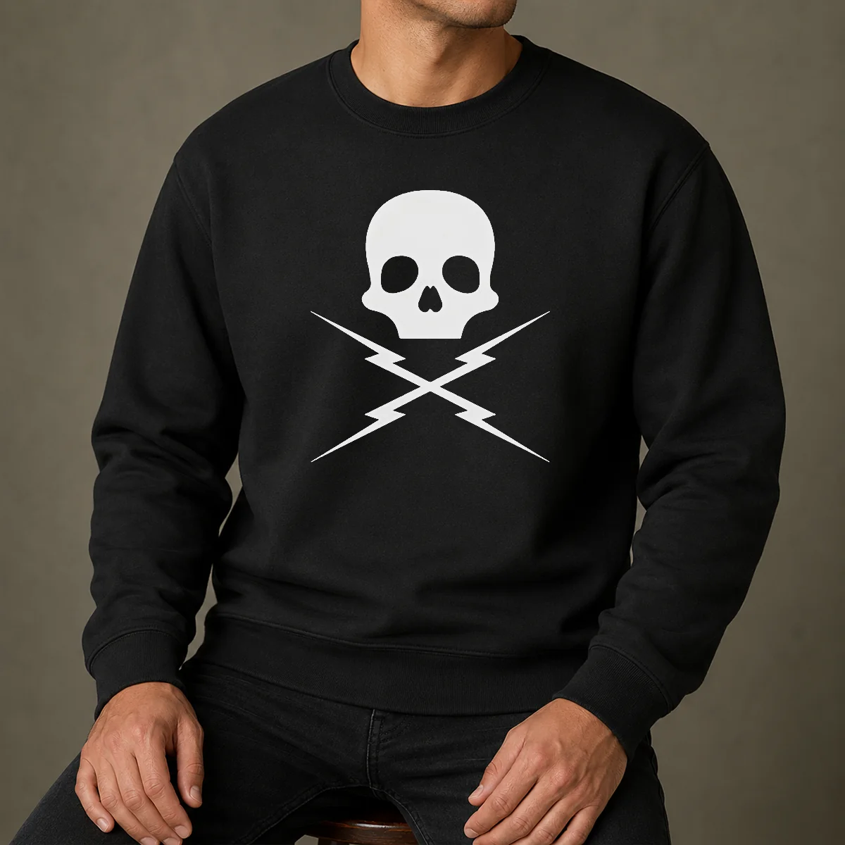 Pretty Funny Skull Crossed Lightning Bolts Sweater featuring a bold skull and lightning bolts graphic on a comfortable crewneck fabric