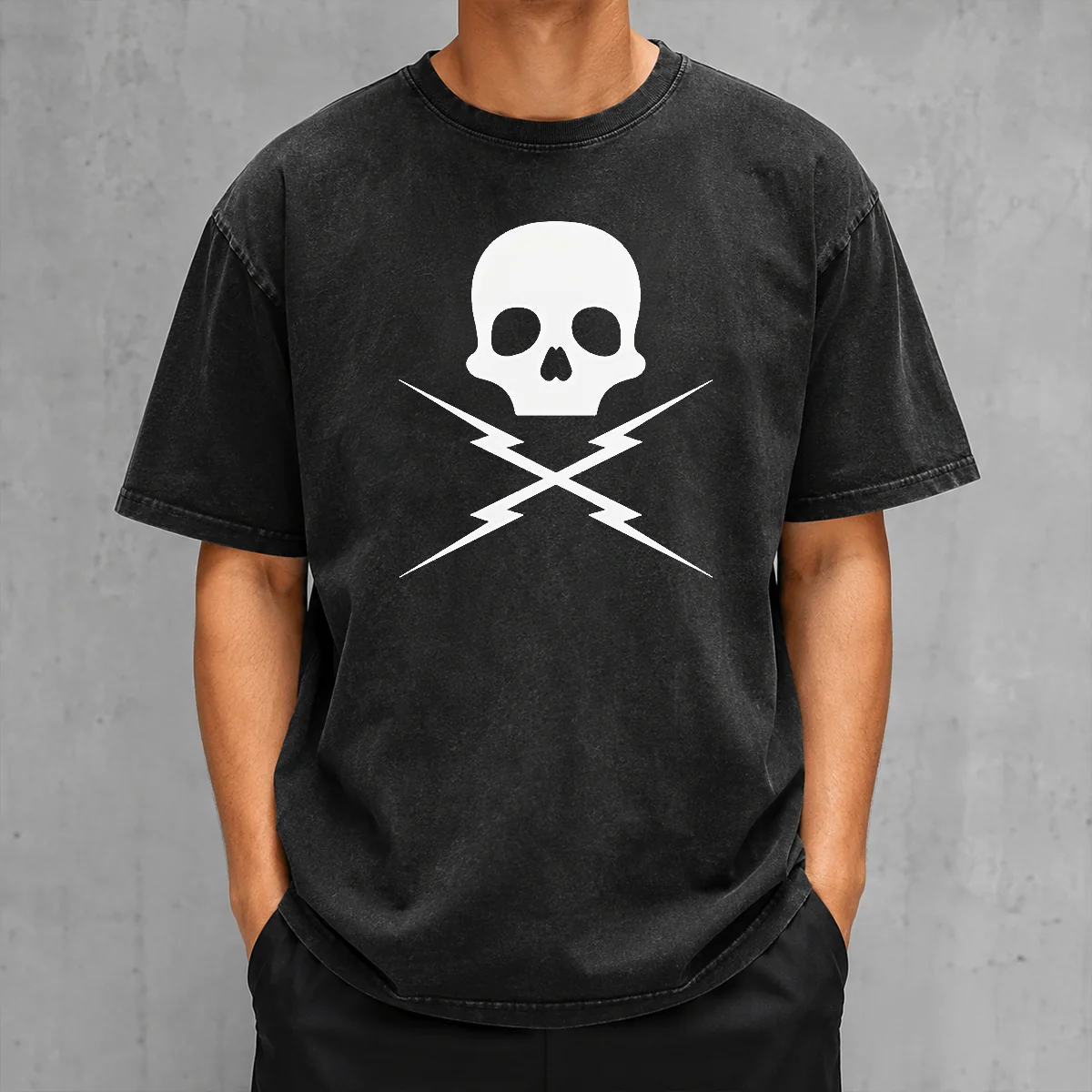 Pretty Funny Skull Crossed Lightning Bolts Washed T-Shirt