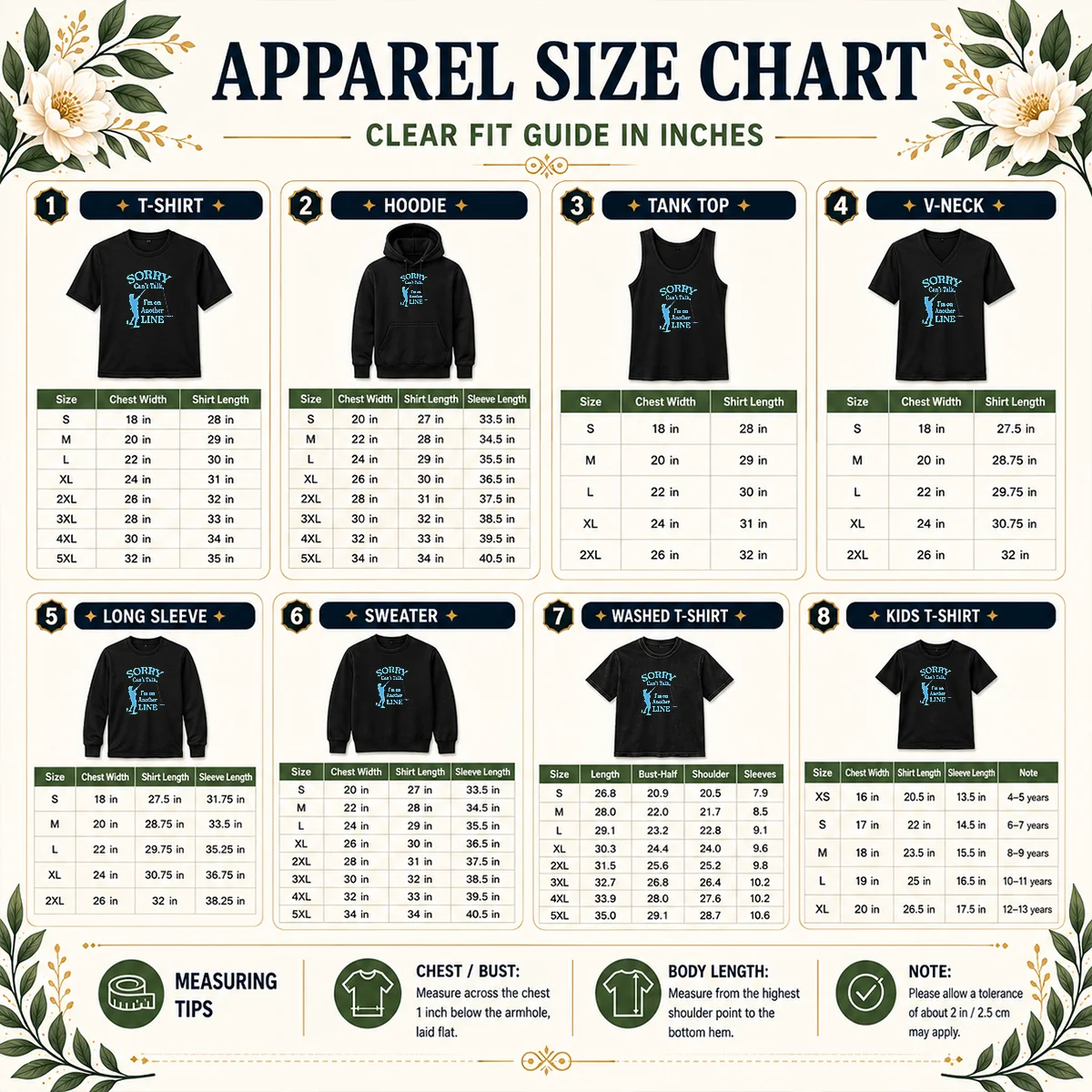 Pretty Hot Sorry Can'T Talk I'M On Another Line Fishing Retro Size Chart Size chart for Pretty Hot Sorry Can'T Talk I'M On Another Line Fishing Retro with measurements in inches and cm