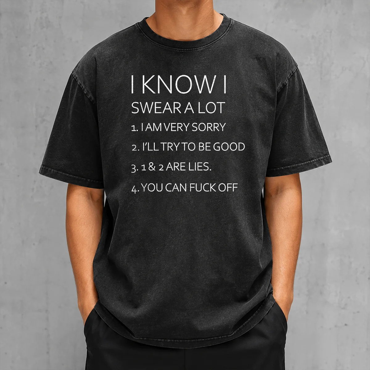 Pretty I Know I Swear A Lot I Am Very Sorry I'Ll Try To Be Good 1 And 2 Are Lies You Can Fuck Off printed on a soft washed t shirt in light gray