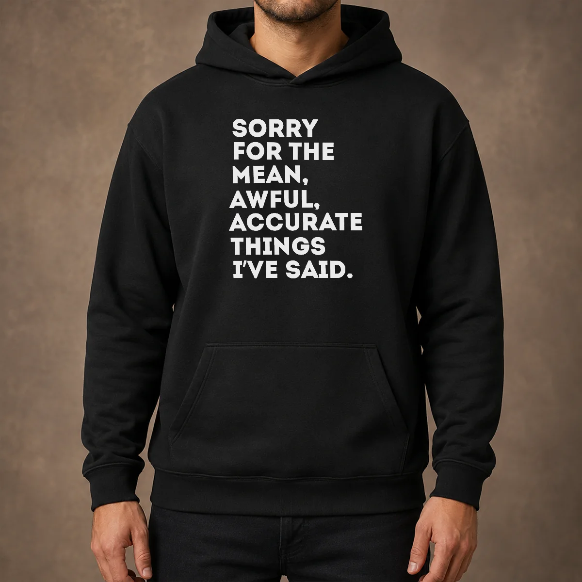 Pretty Nice Sorry For The Mean Awful Accurate Things I'Ve Said Hoodie in dark color, front view with drawstring hood and kangaroo pocket