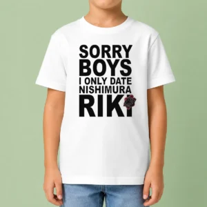 Pretty Nishimura Riki Enhypen Sorry Boys I Only Date Nishimura Riki Text Rose Kids T Shirt in white, front view