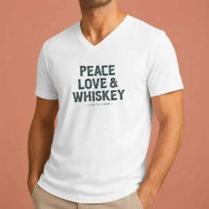 Pretty Peace Love And Whiskey Life Is Good V Neck Shirt in charcoal gray with bold white lettering