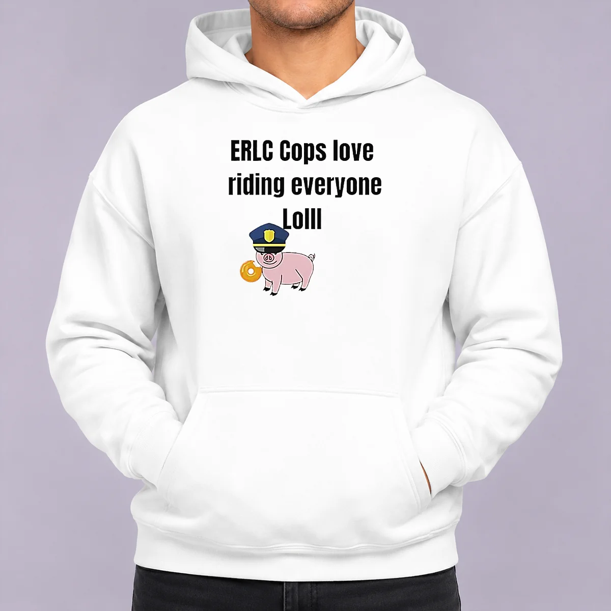Pretty Pig Erlc Cops Love Riding Everyone Lolll Hoodie in black, front view with kangaroo pocket and drawstring hood