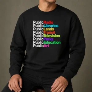 Pretty Public Radio Libraries Lands Transit Television Parks Education Art sweater in a unisex fit with colorful text design