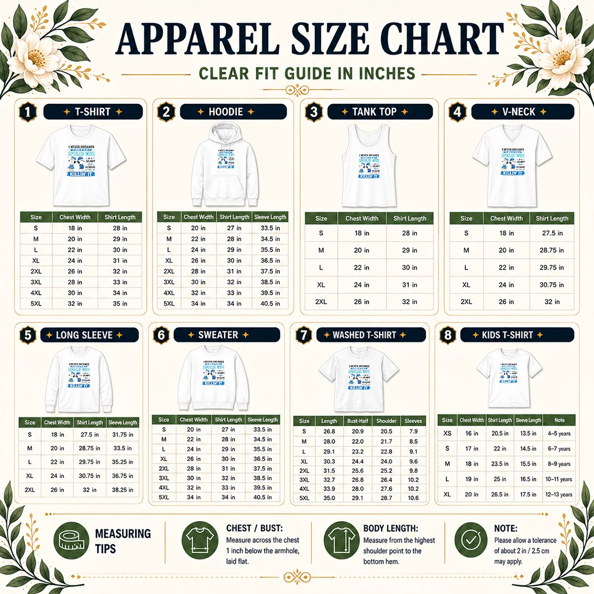 Pretty Snoopy Peanuts I Never Dreamed I D Grow Up To Be A Spoiled Wife Of A Grumpy Size Chart Size chart for Pretty Snoopy Peanuts I Never Dreamed I D Grow Up To Be A Spoiled Wife Of A Grumpy with measurements in inches and cm