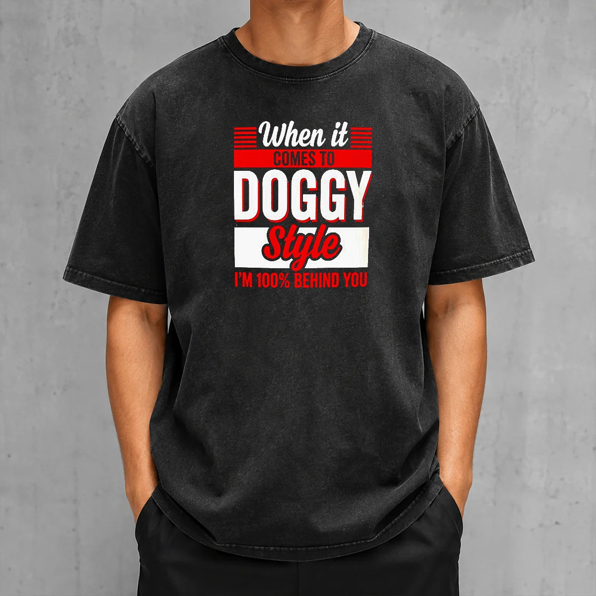 Pretty When It Comes To Doggy Style I Am 100 Percent Behind You printed on a soft washed t shirt in light gray