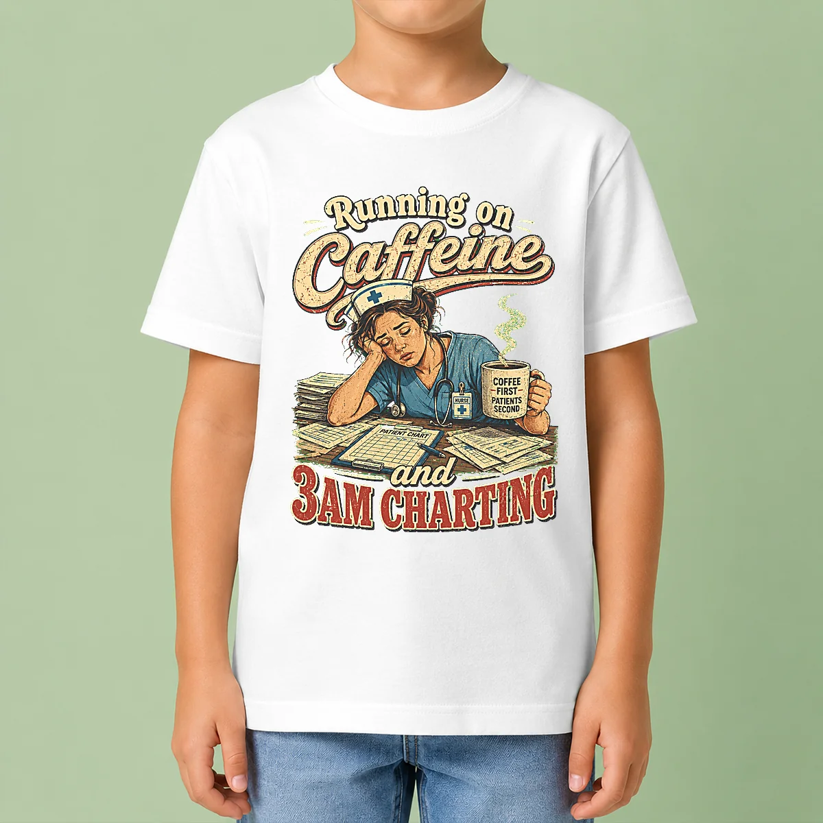 Running on Caffeine and 3AM Charting Nurse Vintage Kids T-Shirt