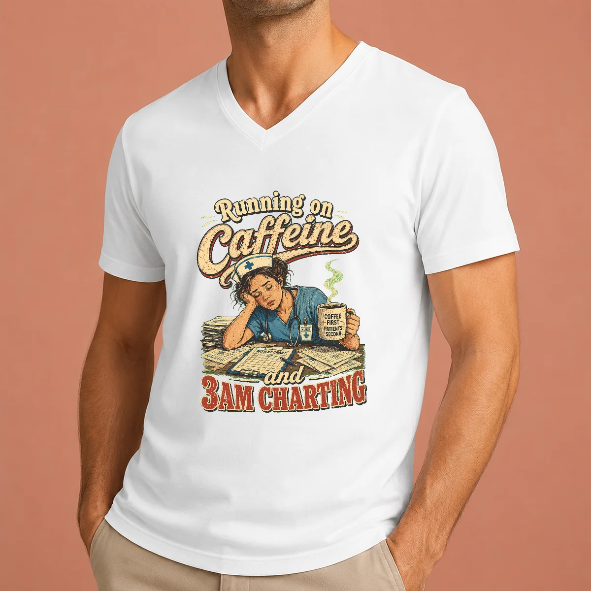 Running on Caffeine and 3AM Charting V-Neck Shirt Running on Caffeine and 3AM Charting V-Neck Shirt