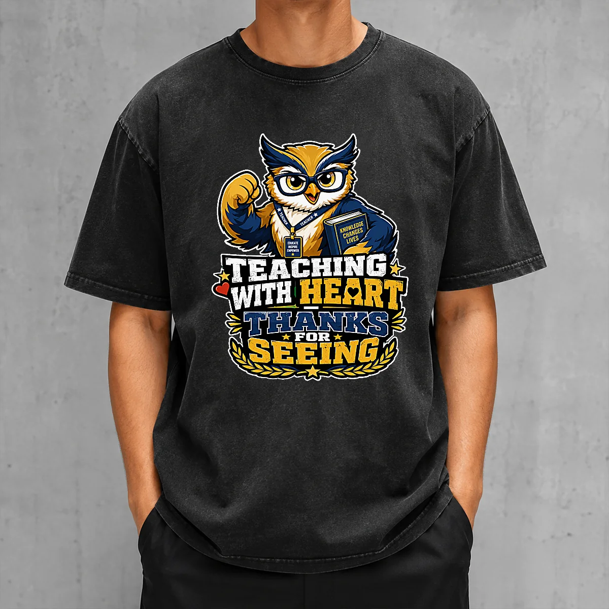 Teaching With Heart Owl Mascot Washed T-Shirt