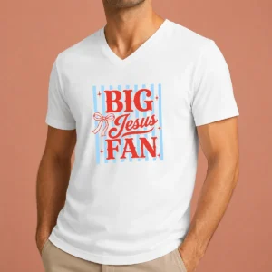 Top Big Jesus Fan Retro Striped V-Neck Shirt
