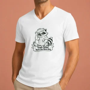 Top Cheeky Jimothy Viral Raccoon Trash Panda Line Art printed on a black V neck shirt