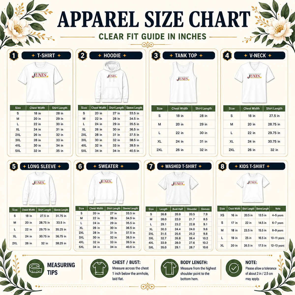 Top Every Day'S Great At Your Junes Size Chart Size chart for Top Every Day'S Great At Your Junes with measurements in inches and cm