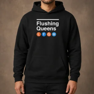 Top Flushing Queens L F G M New York Mets Baseball Hoodie in dark gray, front view with kangaroo pocket and drawstring hood