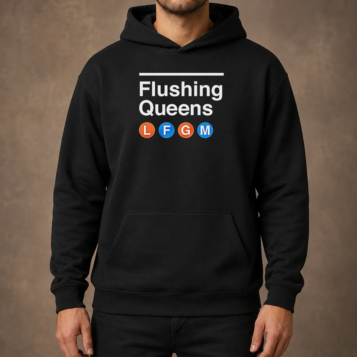 Top Flushing Queens L F G M New York Mets Baseball Hoodie in dark gray, front view with kangaroo pocket and drawstring hood