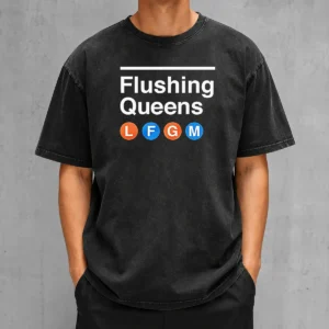 Top Flushing Queens L F G M New York Mets Baseball washed t shirt in soft cotton fabric